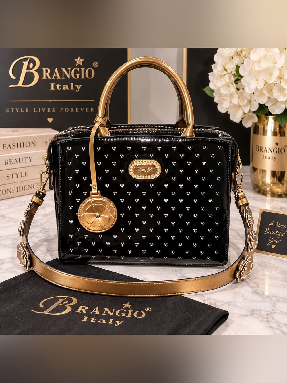 Brangio Italy Starz Art Retro Black Patent Heart Stud Satchel Bag